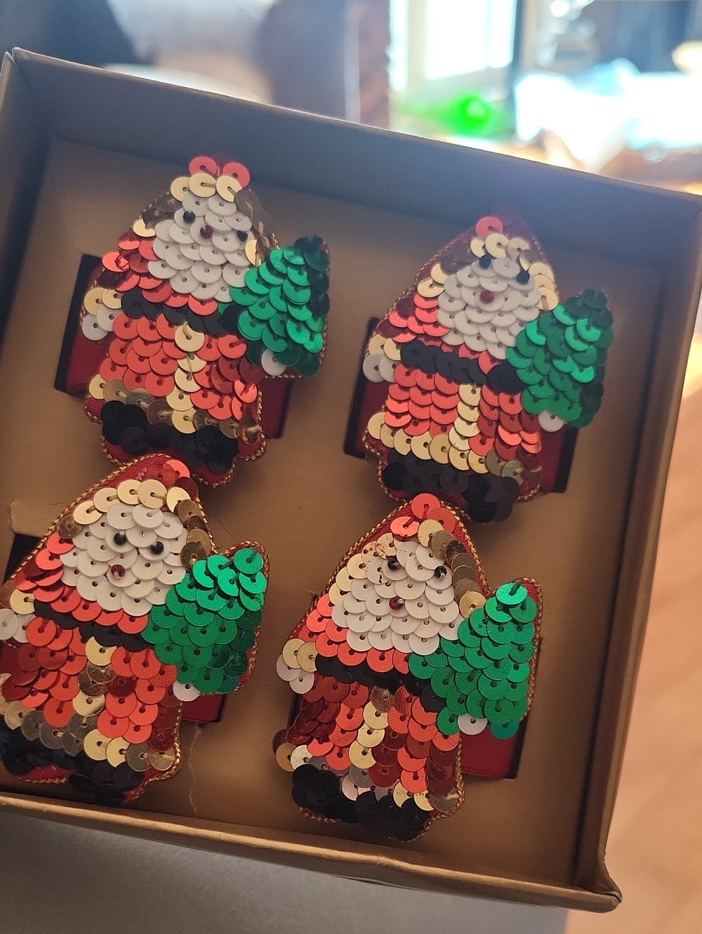 VTG 80's/90's Sequined Santa 4x napkin holders Nostalgic christmas/ collectible